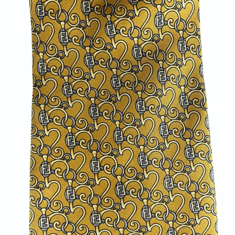 Fendi Monogram Scroll Pattern Gold & Gray Silk Ti… - image 3